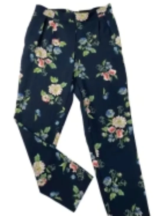 Dalia Navy Floral Print Pants with Pink and Green Blooms - Picture 2 of 5